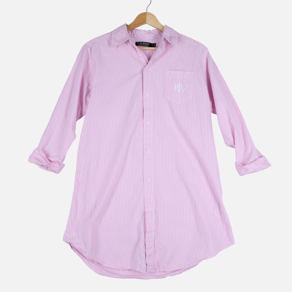 Lauren Ralph Lauren Sleep Shirt Night Gown Pink White Striped Cotton Small